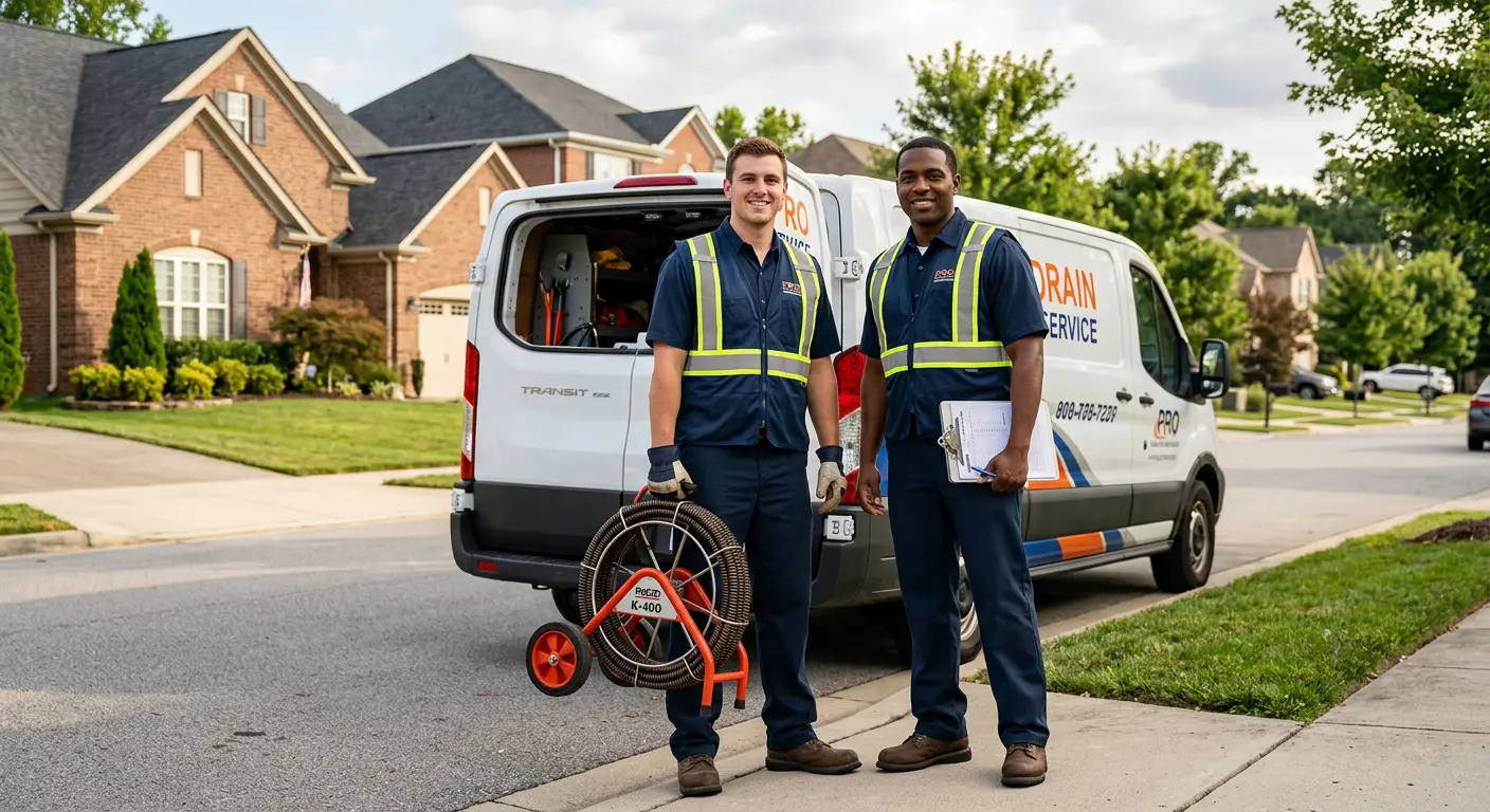 Sewer and drain service team with equipment ready for work in Lincoln Village