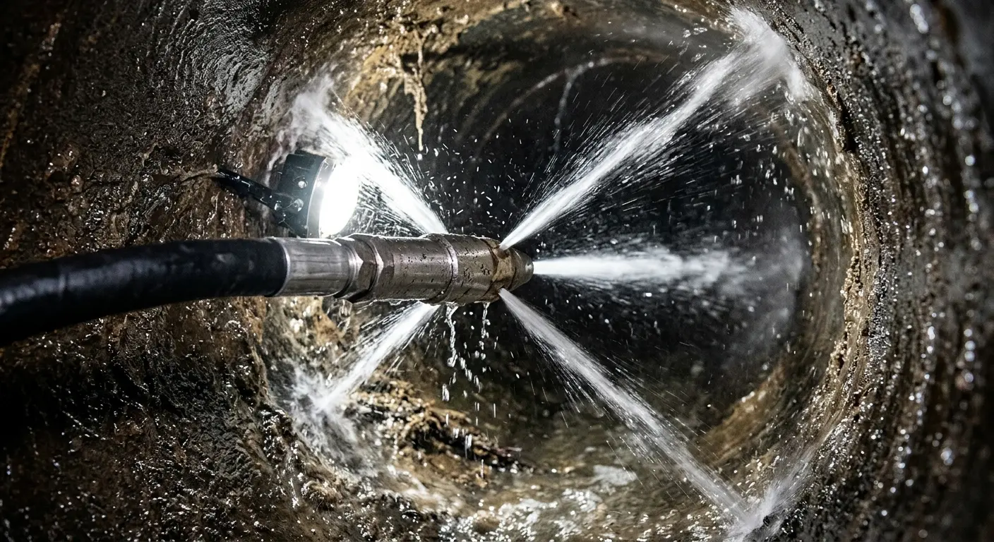 High-pressure hydro jetting nozzle cleaning sewer pipe for Storm Drain Cleaning in Lincoln Village