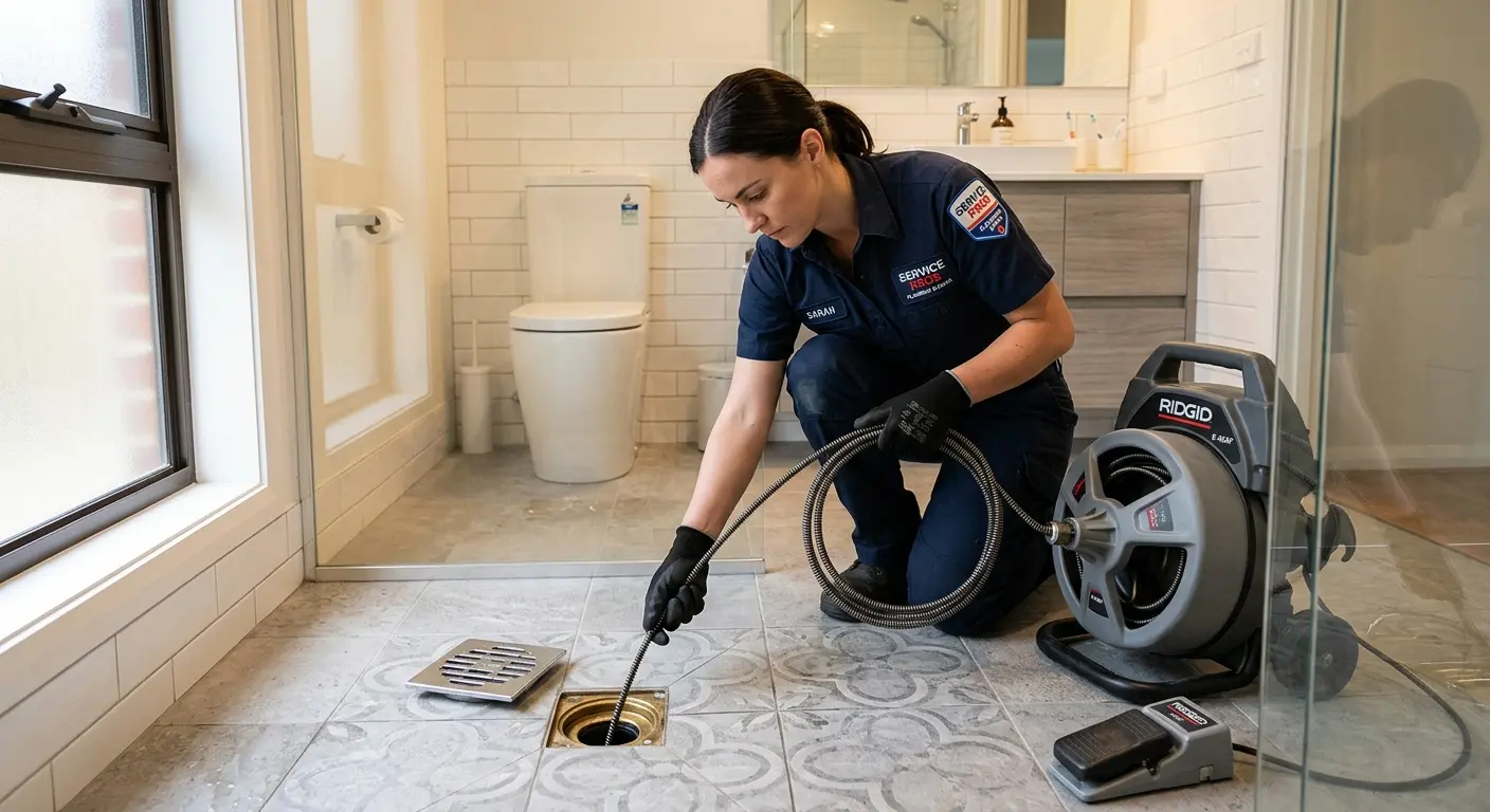 Technician clearing a bathroom floor drain for Sewer Line Replacement in Lincoln Village